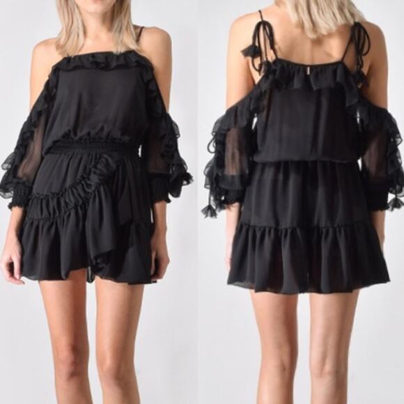 Misa Los Angeles Dresses & Skirts - Misa Los Angeles Emelie Tie Cold Shoulder Ruffle Hem Mini Dress Black Women's XS